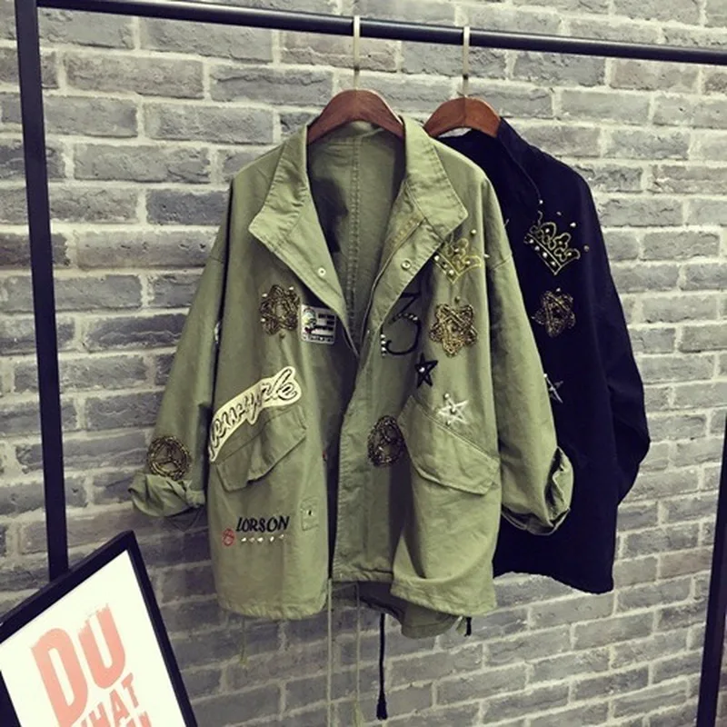 2022 Women Cotton Jacket Coat Casual Women Bomber jacket Embroidery Applique Rivets Oversize Women Coat Army Green Cotton Coat