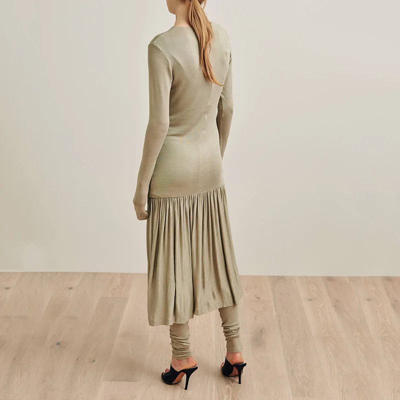 Женское желтое оливковое платье миди из вискозы Lomello с воланами плиссированное