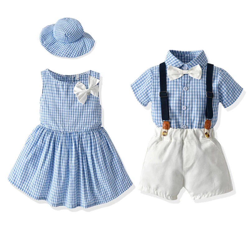 

2021 Summer New Baby Girls Dresses Send Hats Boys Checked Shirts Pants Suits Parent-Child Seaside Vacation Costume 0-6 Years Old