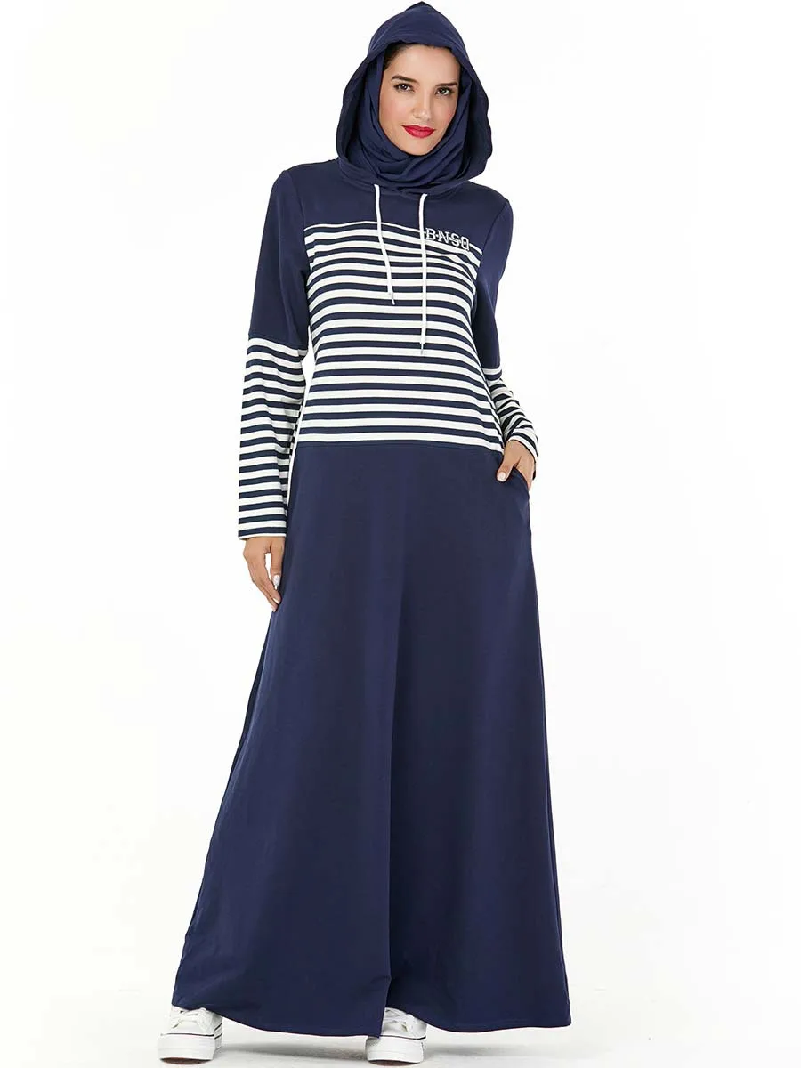 Muslim Fashion Hooded Tracksuit Long Dress Women Navy Stripe Sleeve Pocket Arab Maxi Turkey Sports Islamic Clothing | Женская одежда