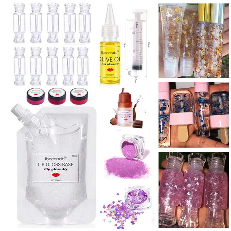 Hot Glittering Lip Gloss Diy Kiy Moisturizing Lip Gloss Base Gel Lipgloss Tube Container with Butterfly Laser Glitter Flavor Oil