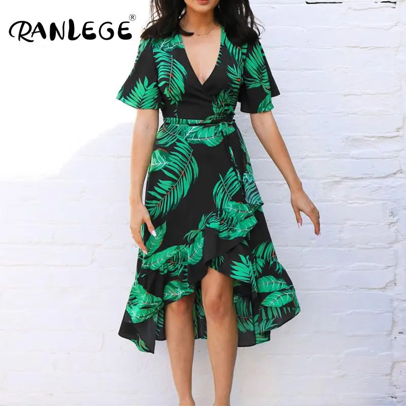 Новое поступление 2020 шифоновое летнее платье RANLEGE в стиле бохо с V образным