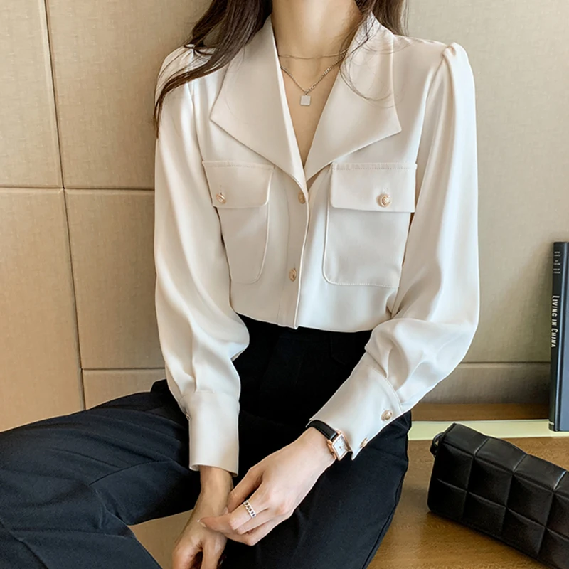 

Shintimes Button Pockets White Blouses Women Blouse Long Sleeve 2021 New Womens Tops Office Lady Notched Clothes Chemisier Femme