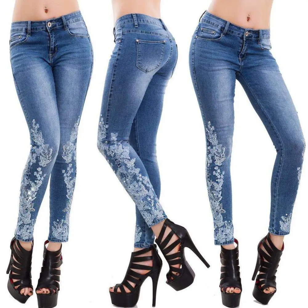 

European and American jeans high waist embroidered pants new women's slim slimming feet pants