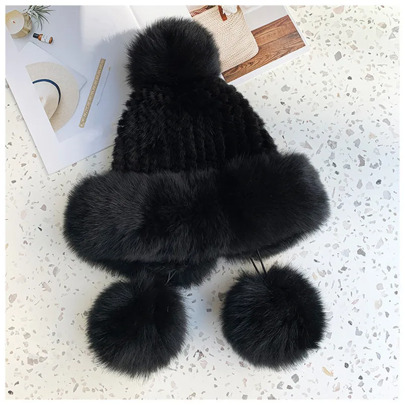 winter women's hat of Real mink fur and genuine fox new design hats red white color pompom for girl | Аксессуары для одежды