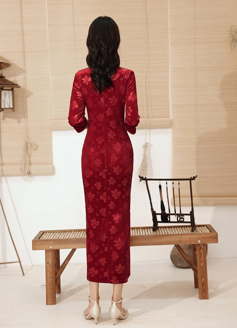 Женское винтажное красное платье Ципао с высоким разрезом и рукавом три четверти