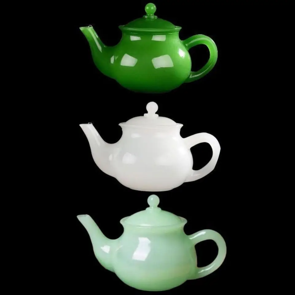 Jade Teapot Jasper Color Chinese Tea Pot Kung Fu Tea Set White Jade Relief Tea Cup with Handle Lid Coffee Mug Tureen Tea Infuser