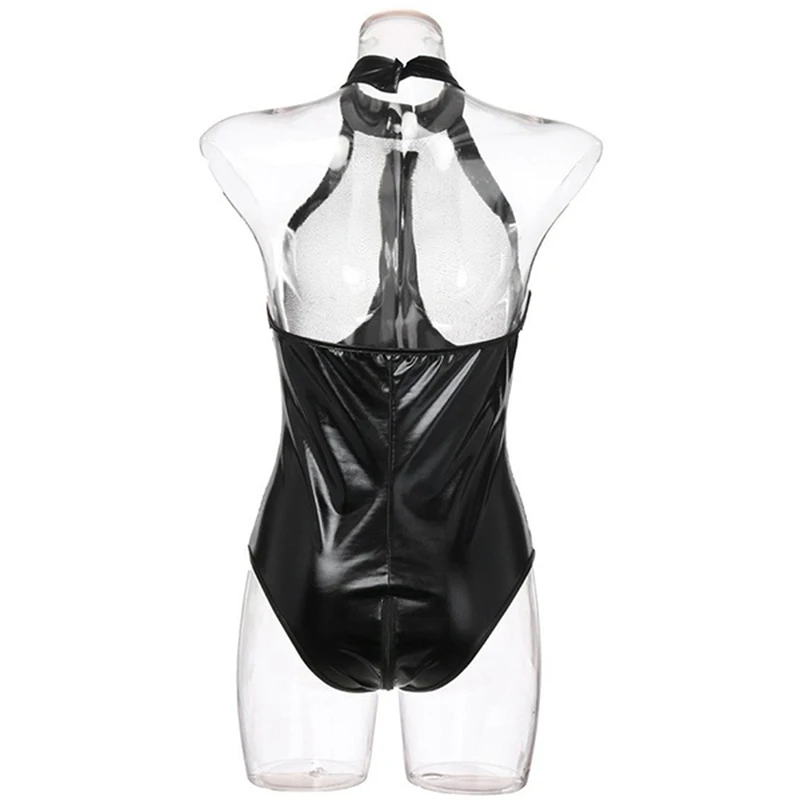 

Women Bright Black PVC Leather Bodysuits Choker Necklace Collar Hot Punk Fashion Mesh Catsuit Short Jumpsuits