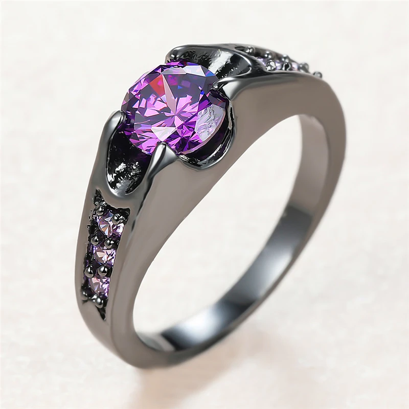 

Elegant Female Purple Crystal Stone Ring Vintage 14KT Black Gold Wedding Rings For Women Luxury Round Zircon Engagement Ring