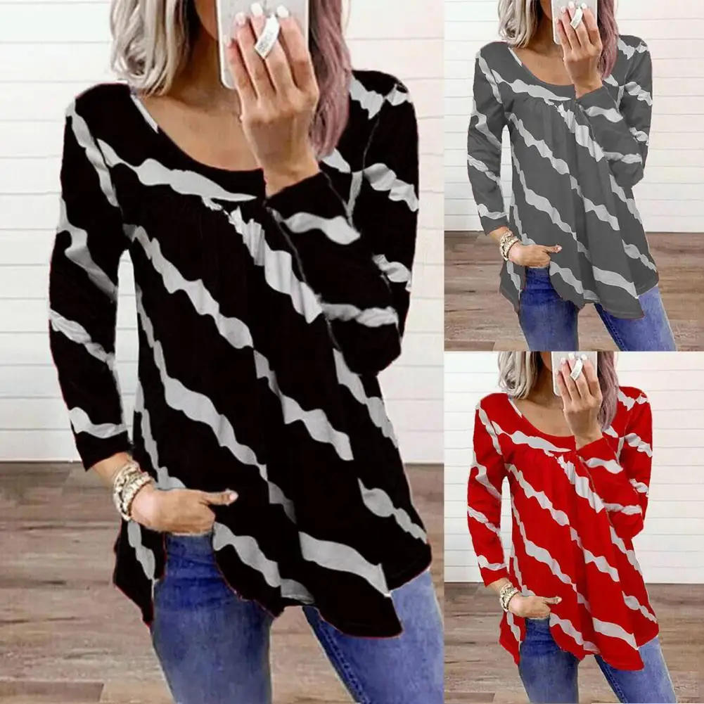 

Стильный Свободный пуловер с принтом в полоску, блузка с длинным рукавом, уличная одежда, блузка с длинным рукавом и асимметричным подолом д...