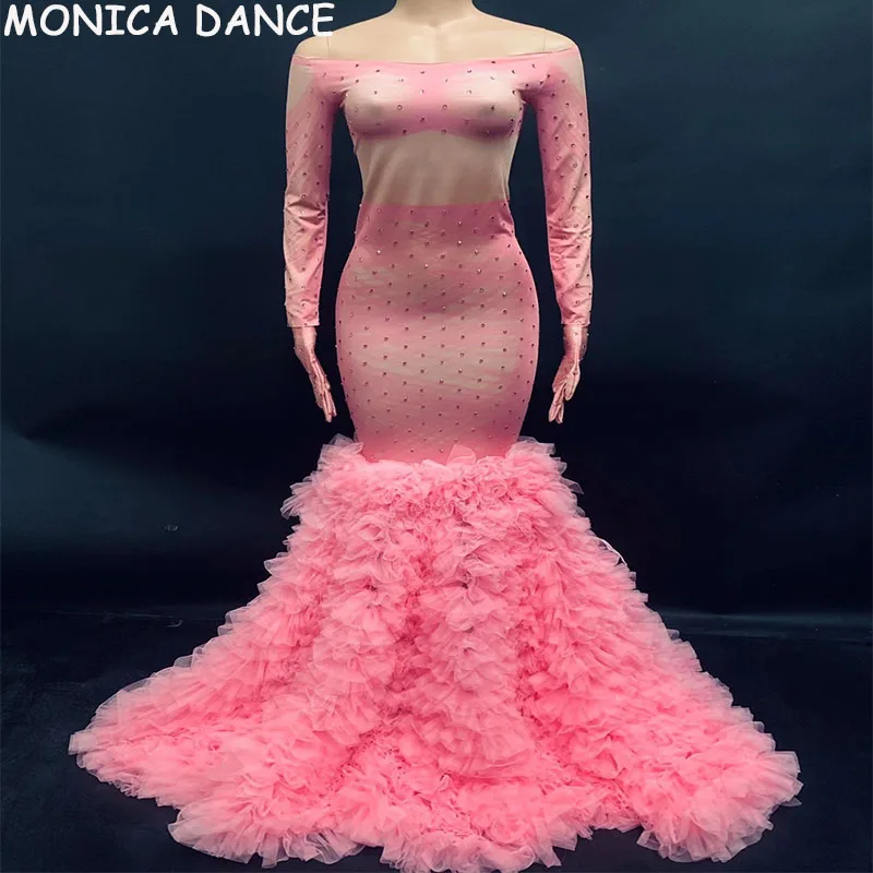 

Nightclub Sexy Pink Rhinestone Long Tail Dress Lady Wedding Evening Gown Formal Party Birthday DressSinger Performance Dress