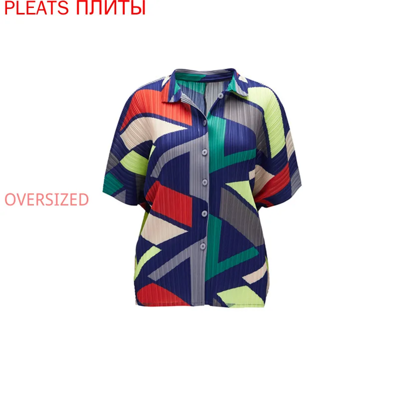 Summer New Style Geometric Contrast Printed Shirt Women's Short-sleeved Single-breasted Lapel Cardigan Temperament Commuter