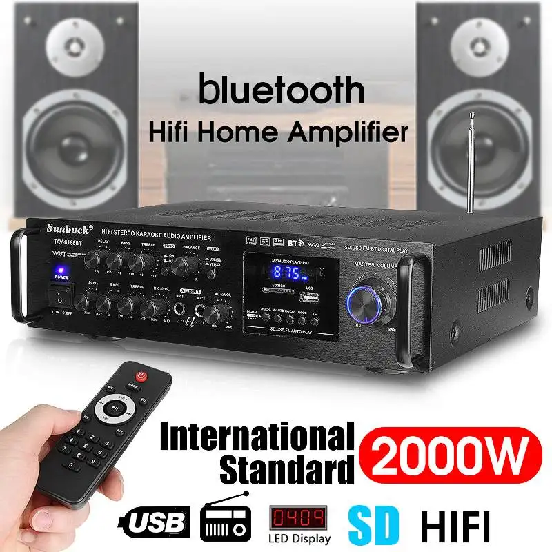 

Усилитель звука, 110-240 В, 2000 Вт, 4 Ом, bluetooth, стерео, караоке, 2 входа для микрофона, FM, RC, для домашнего кинотеатра