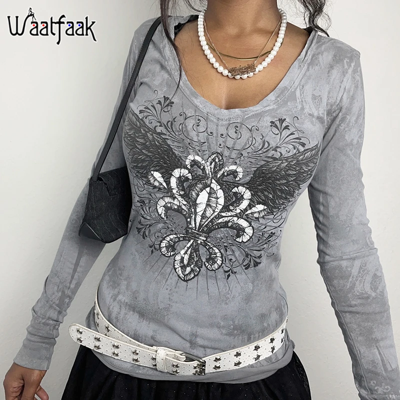 

Waatfaak Harajuku Printed Casual Long Sleeve Tshirt Women Autumn Korean V Neck Funny Graphic T Shirts Grunge Fashion Street