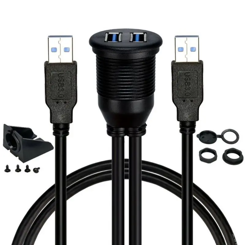 

85DD 1m 2 Ports Dual USB 3.0 Male to USB 3.0 Female AUX Flush Mount Car Mount Extension Cable for Car Boat Motorcycle