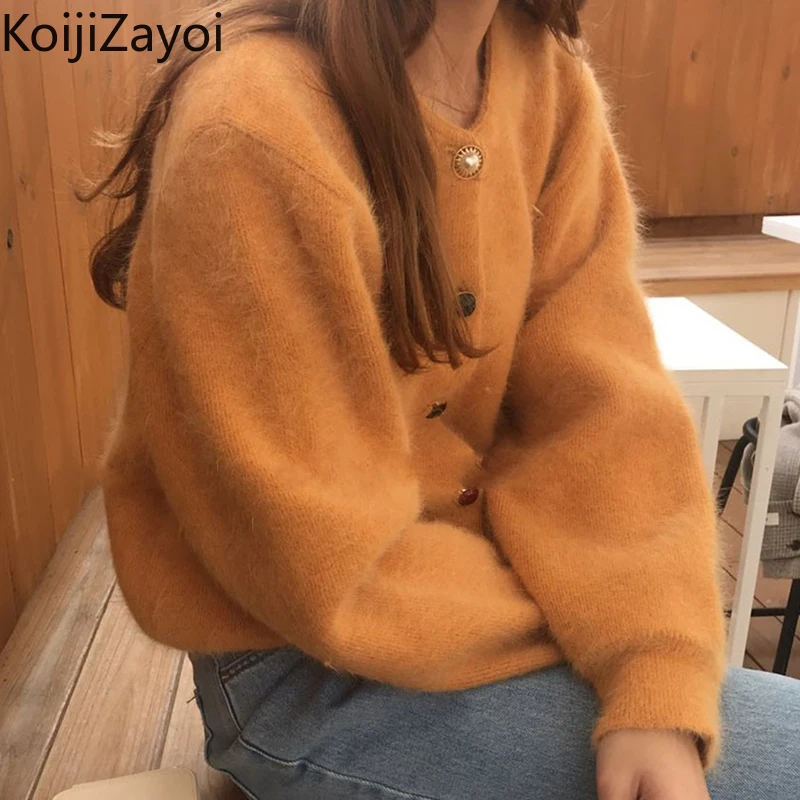 

Koijizayoi Vintage Women Solid Knitted Cardigan Long Sleeves Single Breasted Lady Chic Korean Sweater Kardigan Casual Loose Tops