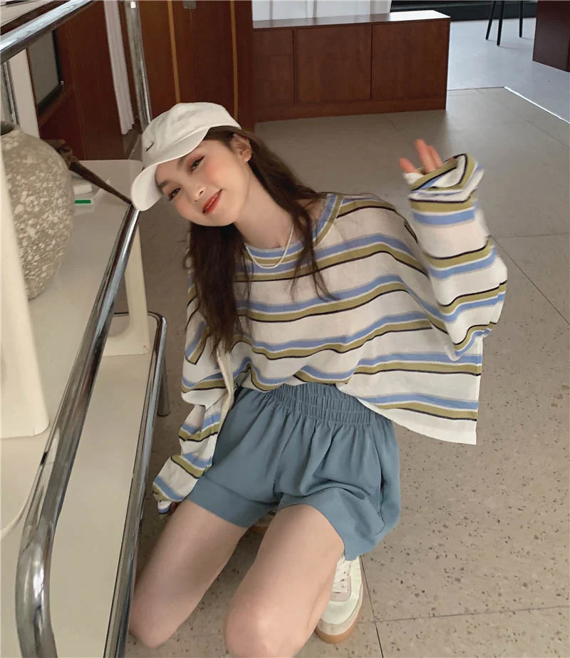 Женская футболка в полоску вязаная Солнцезащитная Новинка лета 2021 свободный
