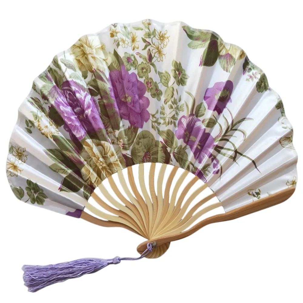 

Purple Chinese Style Retro Paper Folding Fan Art Novice Fan Hard Bamboo bone Fan Tassel Pendant Beautiful Personality Decoration