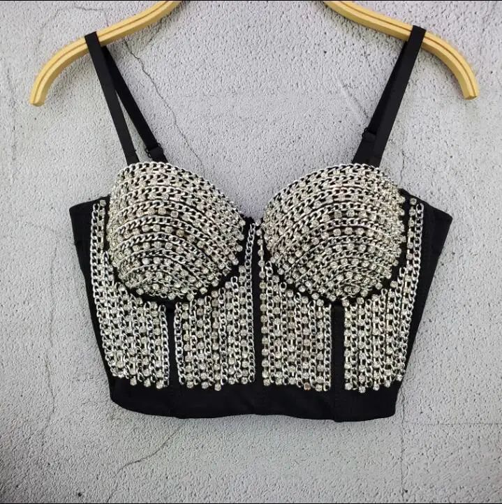 Hot Chain Drilling Women's New Fashion Sexy Sleeveless Push Up Night Club Bralette Metal Outer Wear Bustier Crop Tops L544