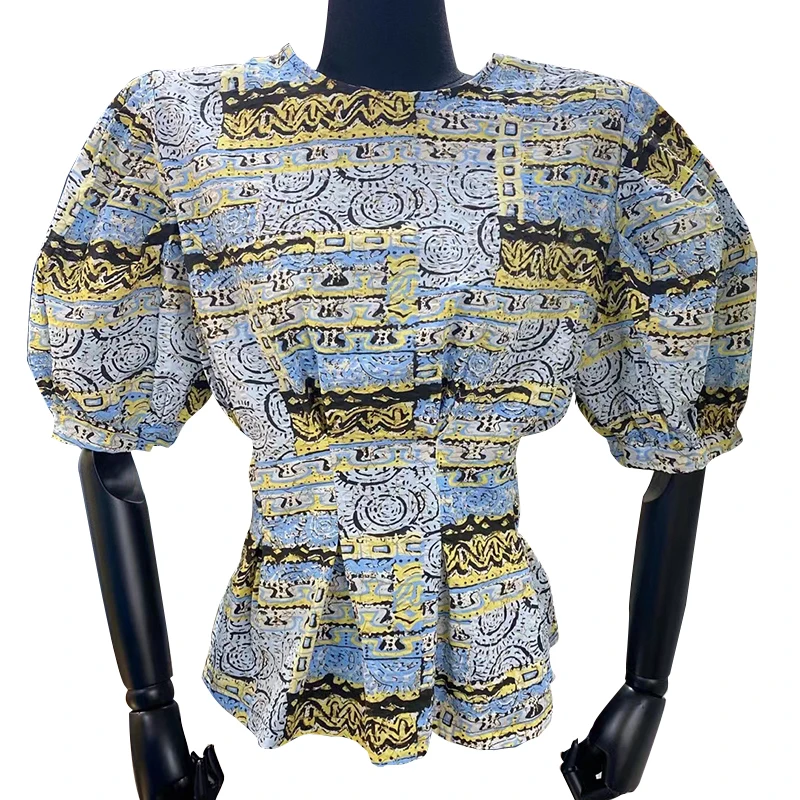 

GALCAUR Vintage Print Shirt For Women O Neck Puff Short Sleeve Hit Color Pullover Blouses Female Summer Clothes 2021 Fashion New