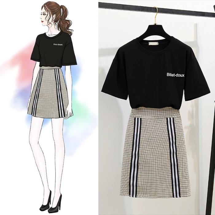 Футболка с коротким рукавом клетчатая юбка молочного чая и платье из двух частей|