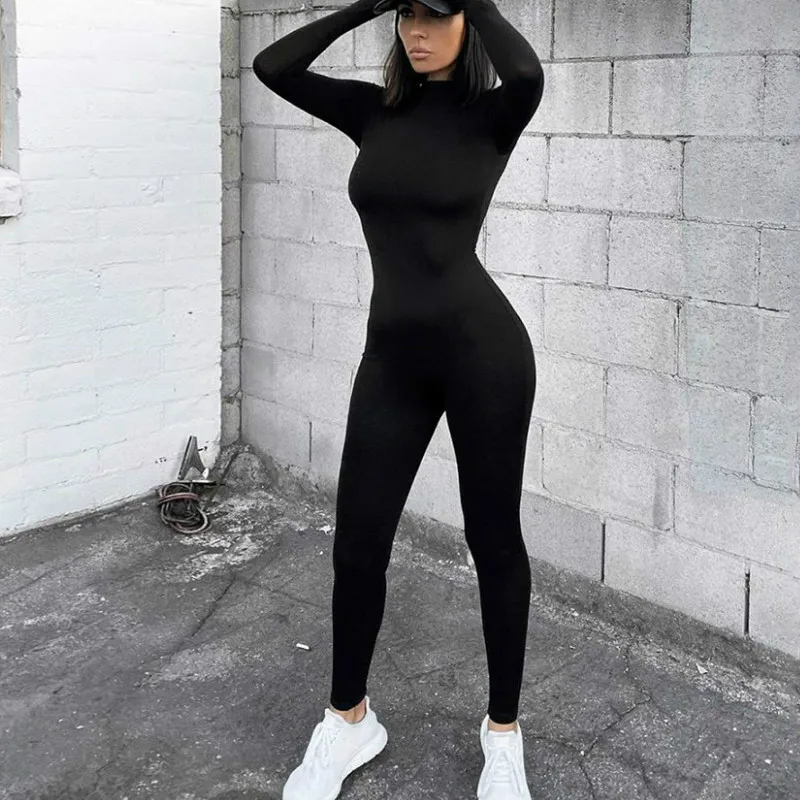 

Black Long-sleeved Ski Jumpsuit Slim Jumpsuit Streetwear Women Grey Stretch High-wear Solid Colors Fashion Fitness Sportswear