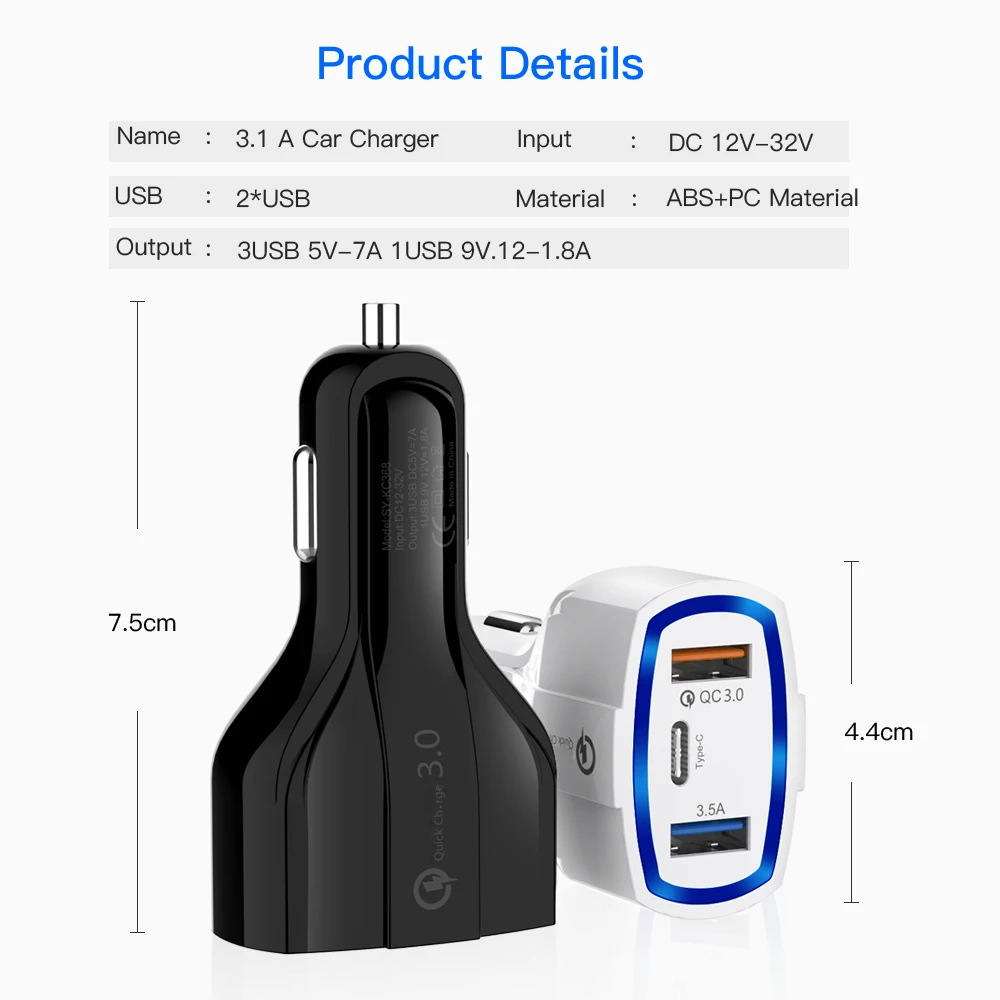 Автомобильное зарядное устройство USB 3 0 для Iphone X Samsung S9 Huawei P30 Xiaomi Mi9 QC3.0 3.5A |