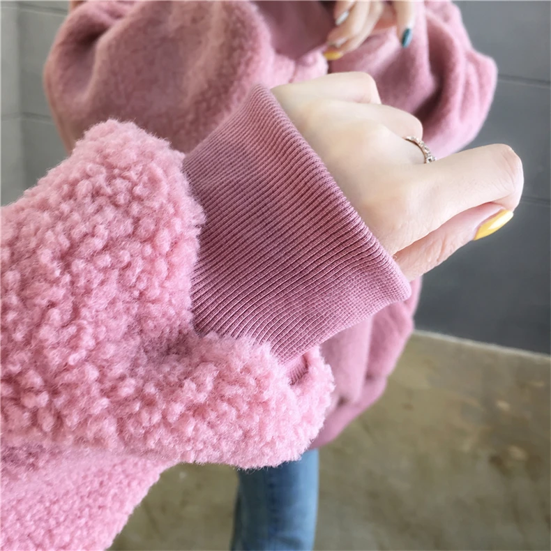 

Fashion Winter Lamb Velvet Ladies Hoodie Thickening Plus Velvet Loose Alphabet Embroidery Solid Color Girl Pullover