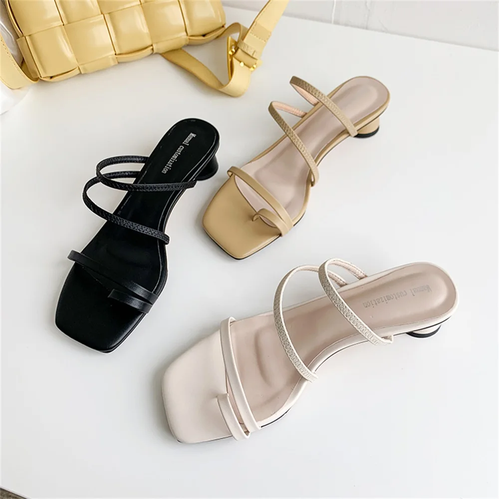 

ISNOM Genuine Leather Slippers Women Strappy Flip Flops Thick Med Heels Summer Slides Shoes Woman Casual Slipper Outside