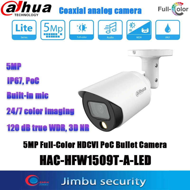 

2022 Dahua 5MP полноцветная HDCVI PoC цилиндрическая камера HAC-HFW1509T-A-LED Встроенный микрофон 24/7 цветное изображение 20 m Расстояние освещения