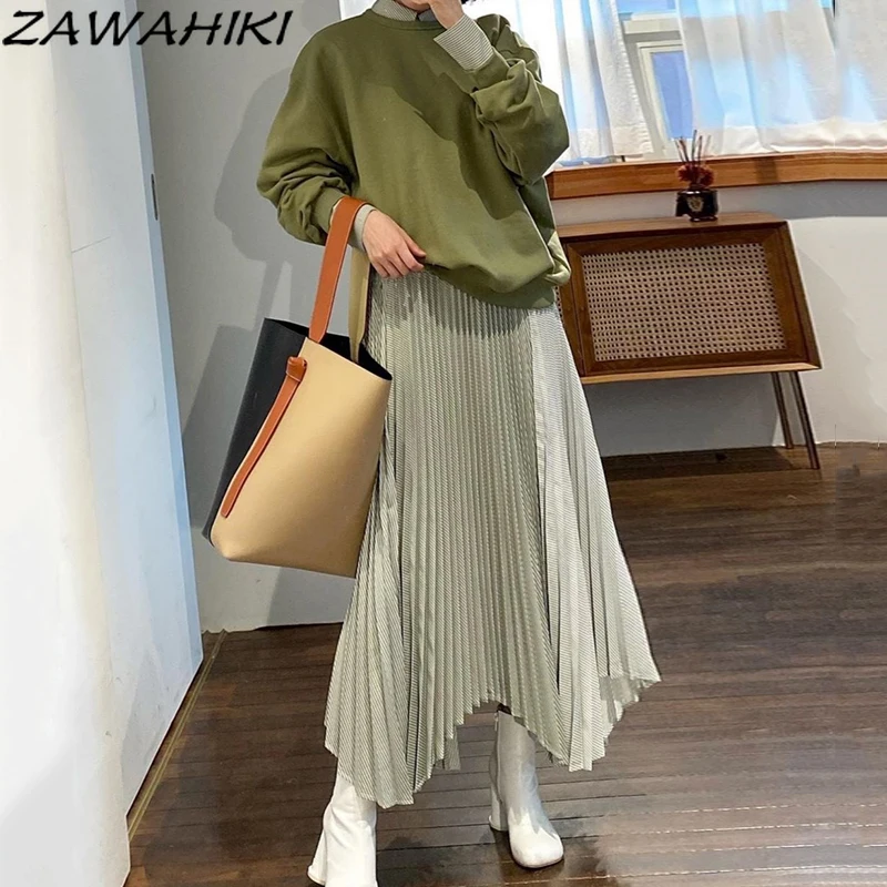 

Осенний Универсальный пуловер zawхиты с круглым вырезом, свитер с вырезами и длинным рукавом, свободное Полосатое асимметричное плиссирован...