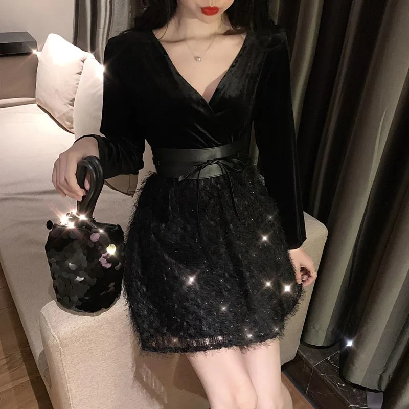 

One-Piece 2020 Korean Style Spring Autumn Women'S Dress V-Neck Sexy Lace Velvet Feather Dress Vintage Temperament Party Dresses
