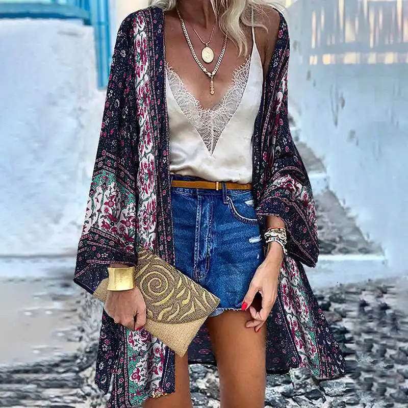 

ZANZEA Summer Women Floral Print Long Blouse Tops Stylish Ethnic Cardigan Casual Long Flare Blusas Holiday Beach Bohemian Shirt