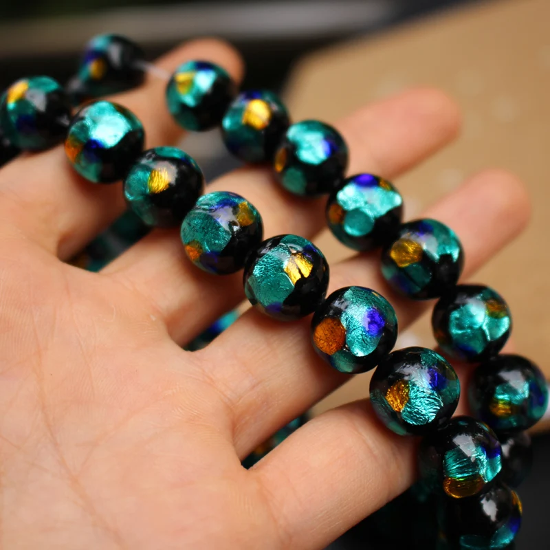 10 шт. 12 мм лэмпворк стеклянные Бусины Бирюзовая синяя фольга с синими оранжевыми