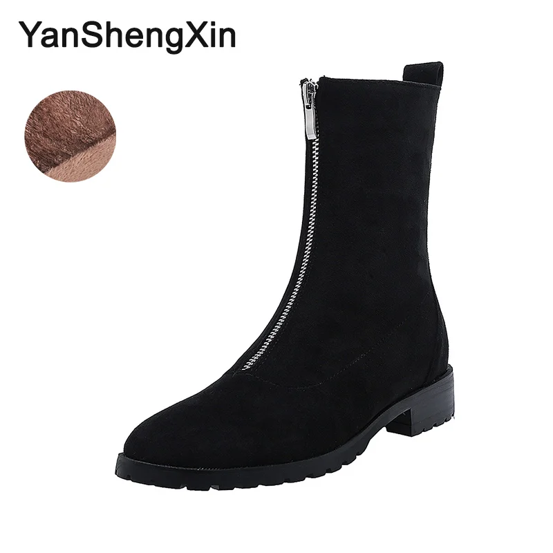 Black Flock Fur YANSHENGXIN/Женская обувь; женские ботинки; Ботинки martin на молнии спереди в интернете; женская обувь на плоской подошве; ботинки осень-зима; женские ботинки - Цвет: Black Flock Fur
