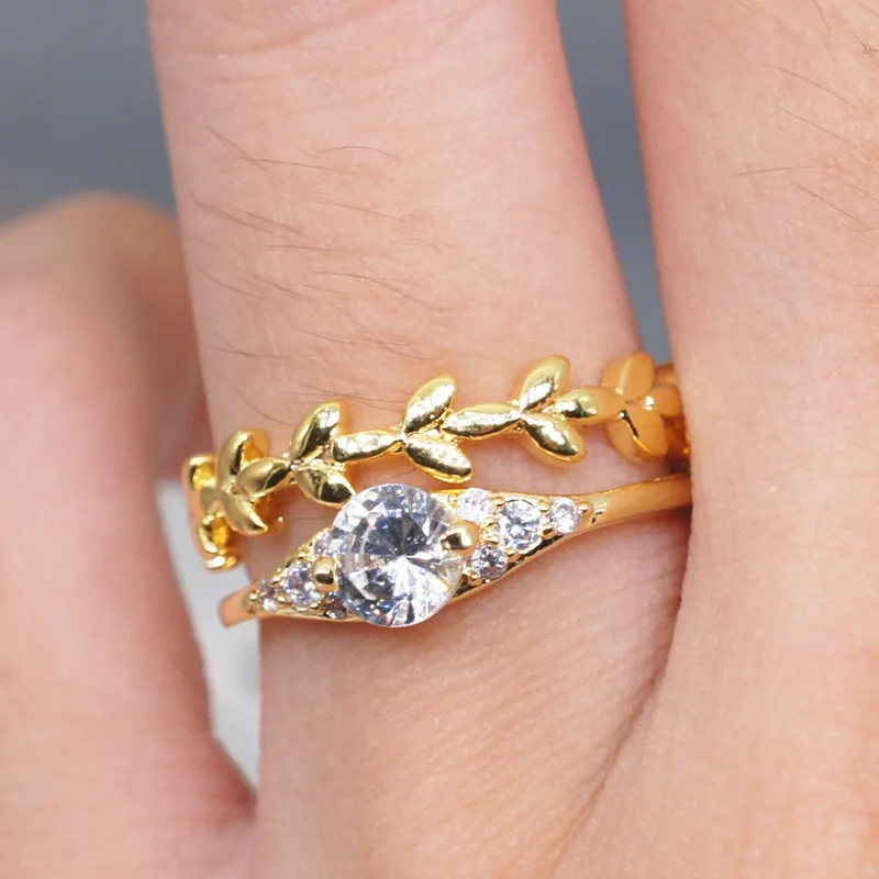 

OMHXZJ Wholesale European Fashion Woman Girl Party Wedding Gift Flower Leaves White AAA Zircon 18KT Yellow Gold Ring RR747