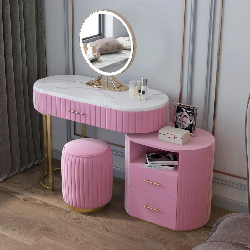 

modern luxury dressing table modern marble top steel legs console table with mirror and stool for Bedroom furniture