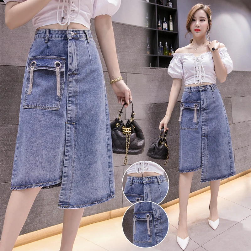 

Spring Chic Elegant Casual Mid-length Skirt with Pockets Women High Waist Irregular Split Tassel Washed Denim Skirts Harajuku