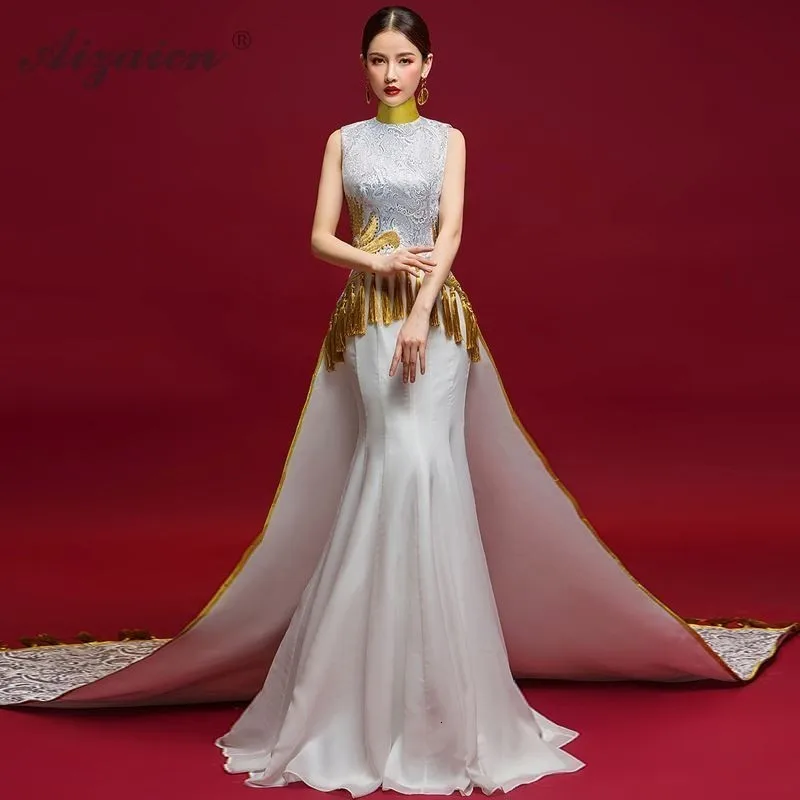 Тюль Формальное вечернее платье с кисточками атлас Cheongsam со шлейфом Русалка