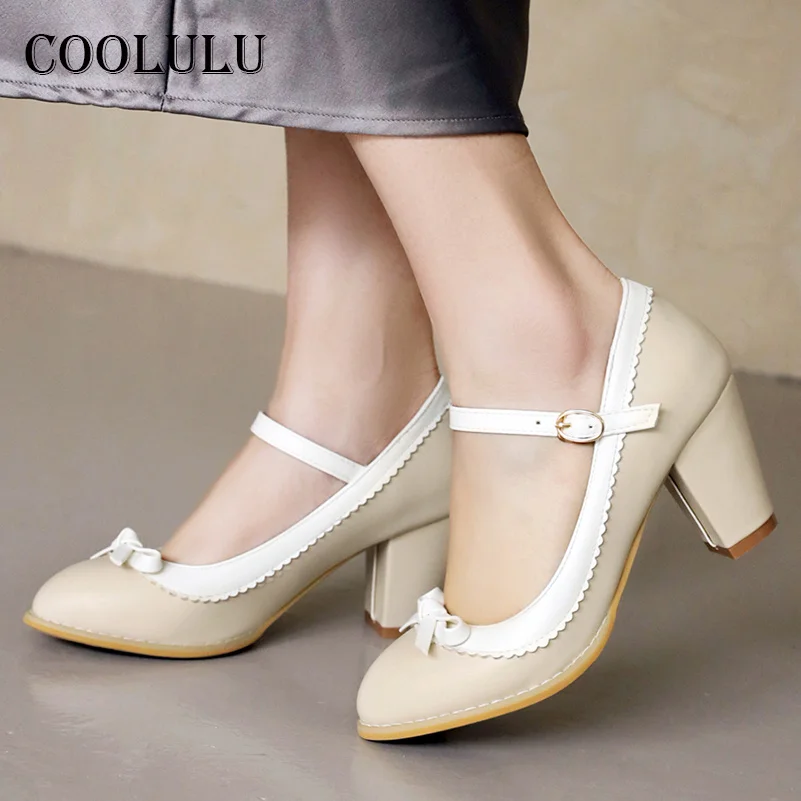 

COOLULU High Heels Women Shoes Bow Chunky Heel Sweet Pumps Buckle Strap Round Toe Dress Footwear Female Spring Apricot Size 48