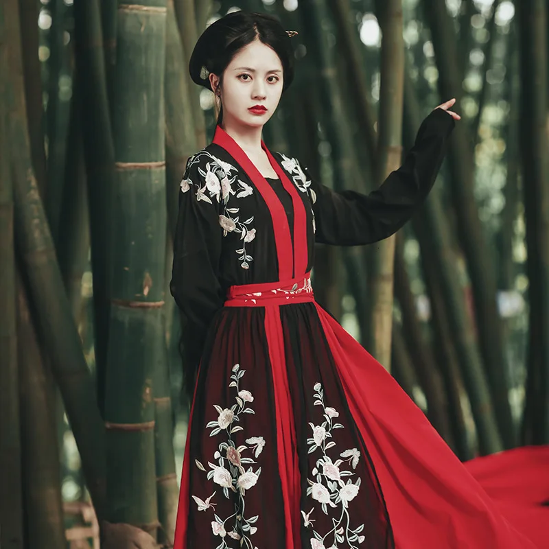 Традиционный китайский костюм красного и черного искусства ханьфу Женская юбка