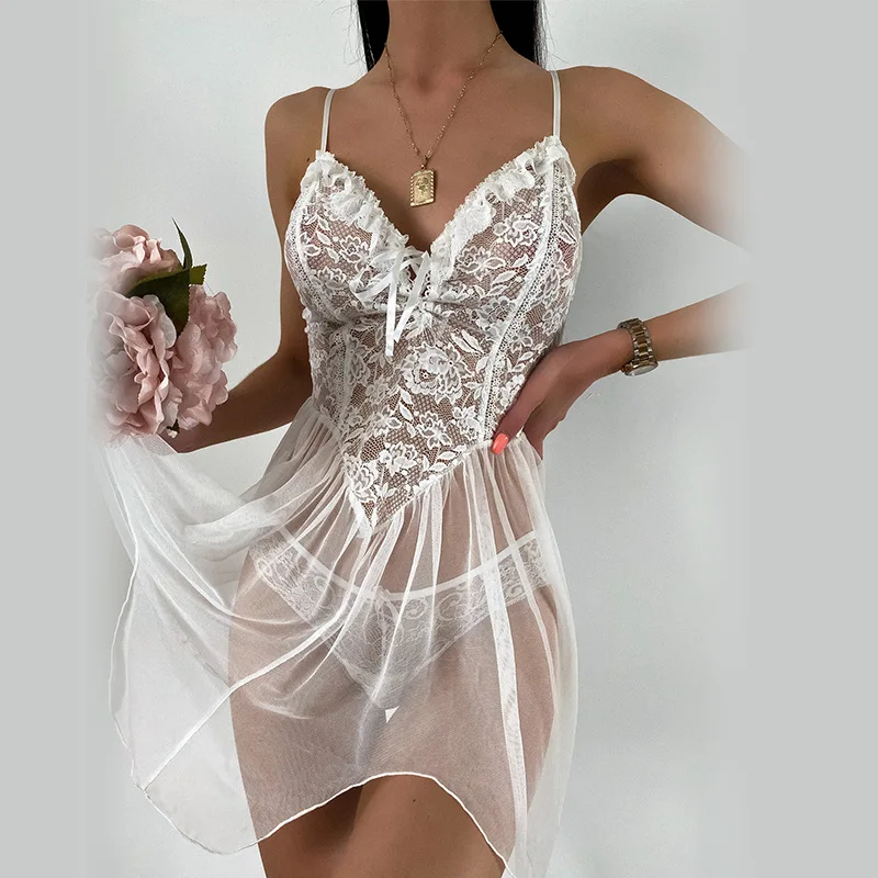 

Sleepwear Women Sexy Lingerie Sleep Tops Nightwear Lace Nightgowns Sleeveless Solid V-Neck Underwear Net Yarn See-through