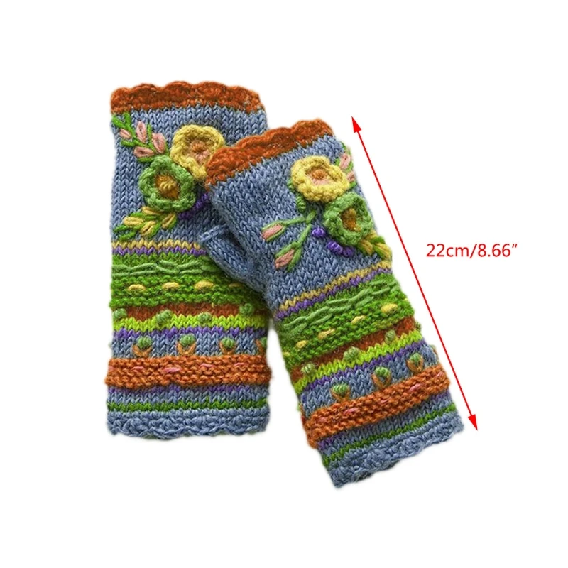 

Women Winter Vintage Multicolor Knitted Fingerless Gloves Fake Sleeve Ethnic Colorful Crochet Floral Half Finger Mittens
