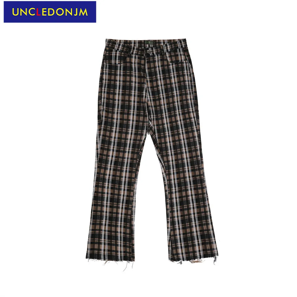 

UNCLEDONJM Color block trousers plaid casual pants men high street vintage flared pants 2021 punk pants Joggers Trousers 1756