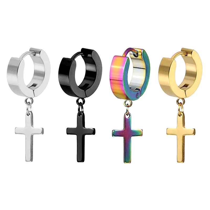 

1PC Ear Stud Punk Circle Round Cross Huggie Earrings For Men Small Crucifix Cuff Earings Stainless Steel Hip Hop Male Pendientes