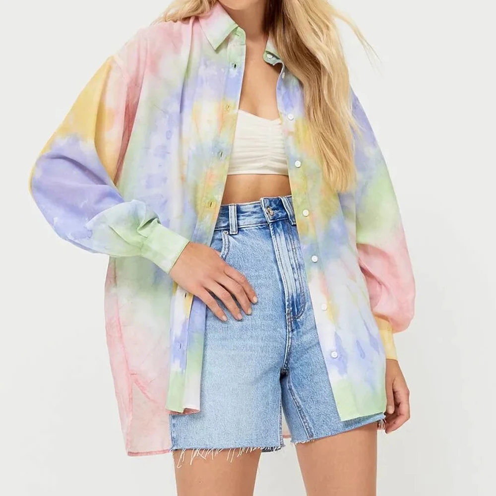 

XNWMNZ Za 2021 Women streetwear Tie Dye casual Blouses Mujer Single breasted long Sleeve loose Asymmetrical hem lapel shirt lady