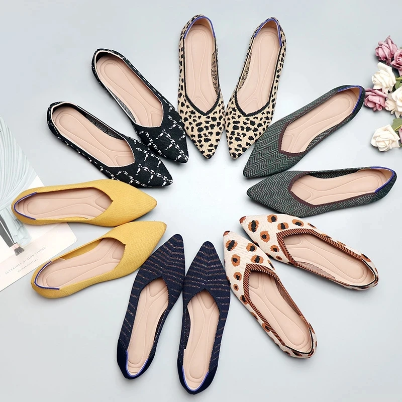 Luxury Brand Women Knit Pointed Ballet Shoes Women's Flat Shoes Moccasin Mixed Color Shoes Soft Pregnant Shoes Zapatillas Mujer