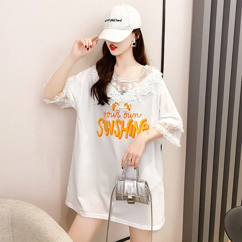 

2021 INS Trend Summer T Shirt Gauze Patched Lace Decoration Fashion Girls Casual Tops Meduim Women Tees Plus Size