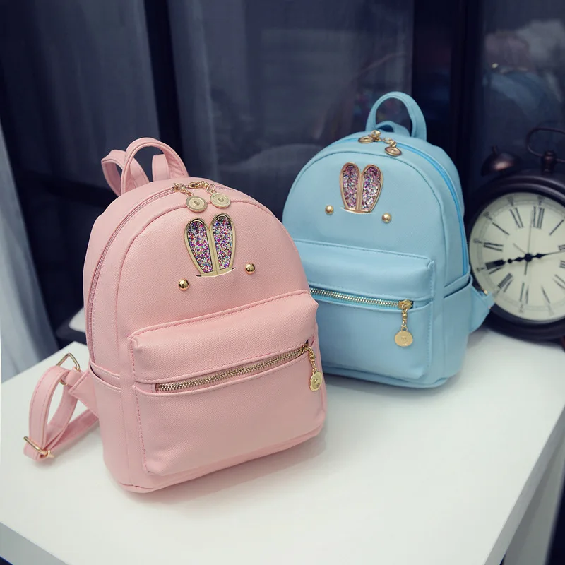 

New Rabbit ear pattern PU women backpack casual preppy leather Black Backpacks Female Girls school Bags Ladies Backpack-30