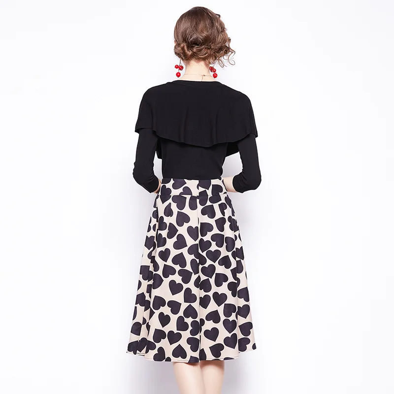 

Autumn Winter Women Suits New Fashion Elegant Ladies Black Long Sleeve Knitted Tops+ A Line Print Skirt Two Piece Set